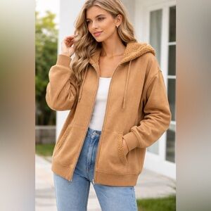 Aerie Camel Sherpa Hood Zip-Up Jacket Cozy Fleece Lined Pockets Large